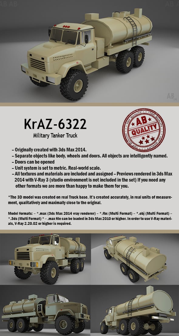 Military Tanker Truck (KrAZ-6322) - 3DOcean Item for Sale