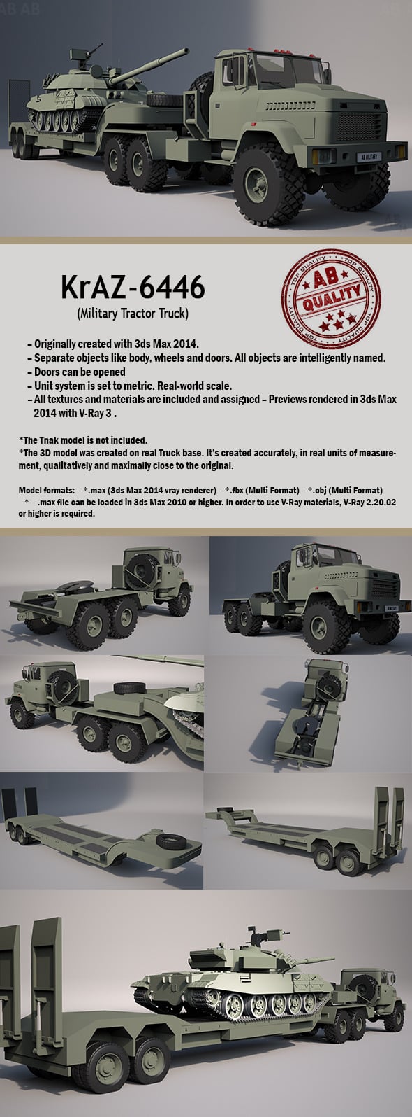 Military Tractor Truck (KrAZ-6446) With Trailer - 3DOcean Item for Sale