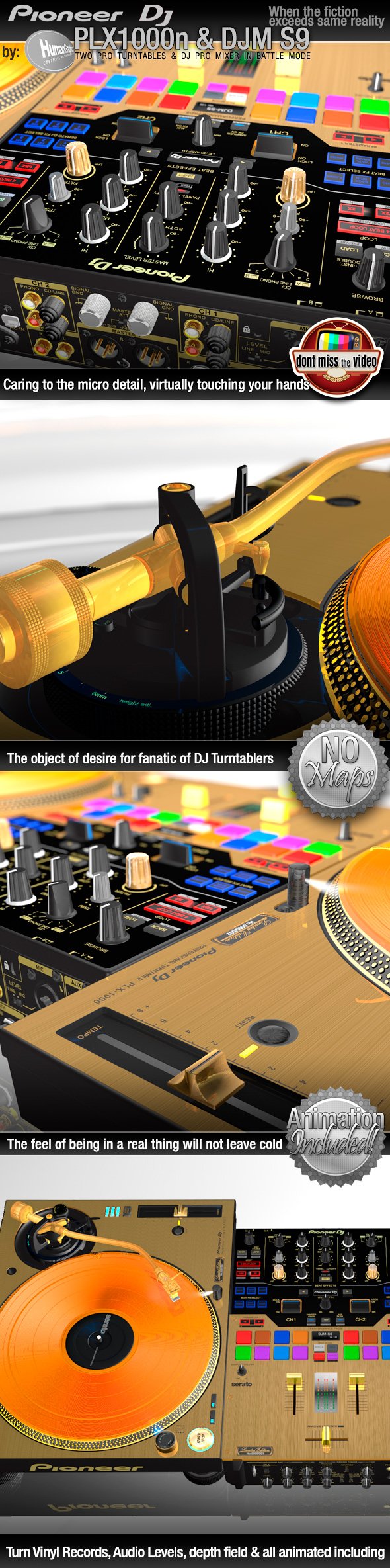 Realistic Gold ProDJ Turntable Pioneer PLX1000 & Mixer DJM S9 Vinyl Turntabilism - 3DOcean Item for Sale