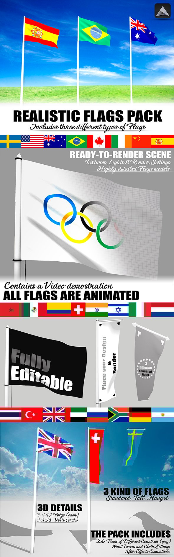 Realistic Worldwide Flag Pack - 3DOcean Item for Sale