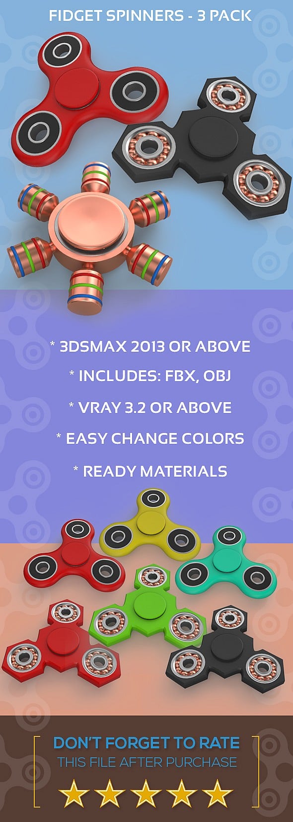 Fidget Spinners - 3 Pack - 3DOcean Item for Sale