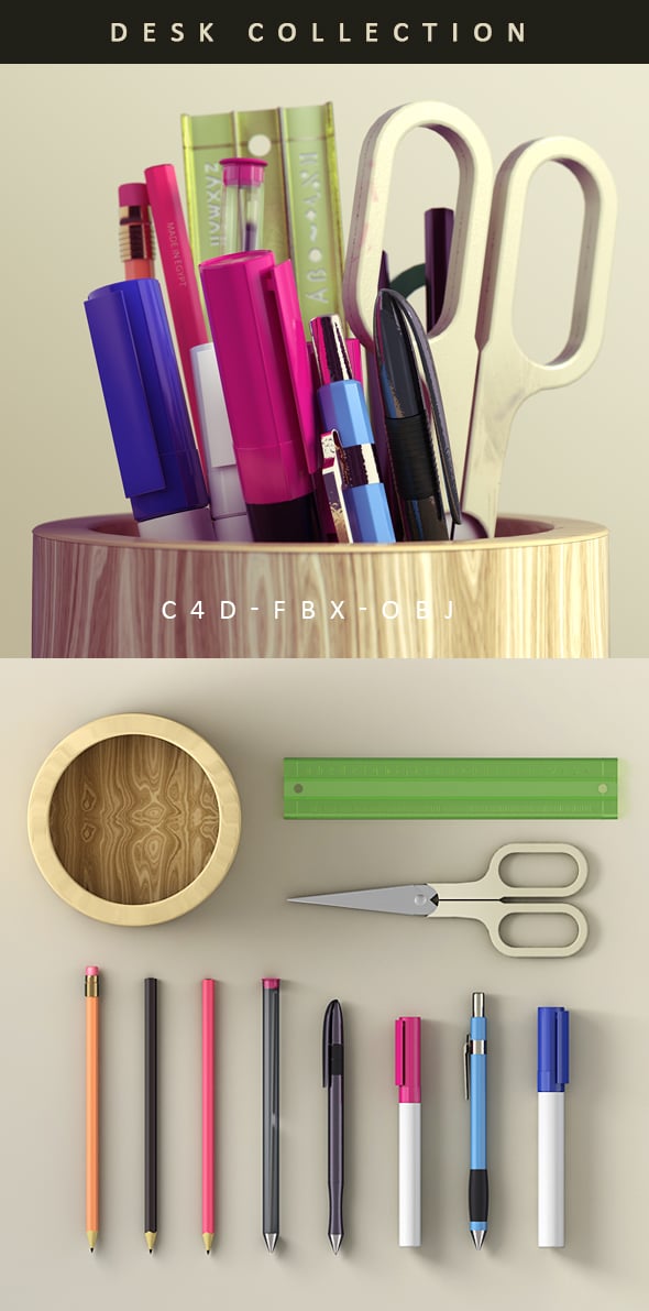 Desk Stationery Objects 3D Model Collection of Pens Scissor Ruler - 3DOcean Item for Sale