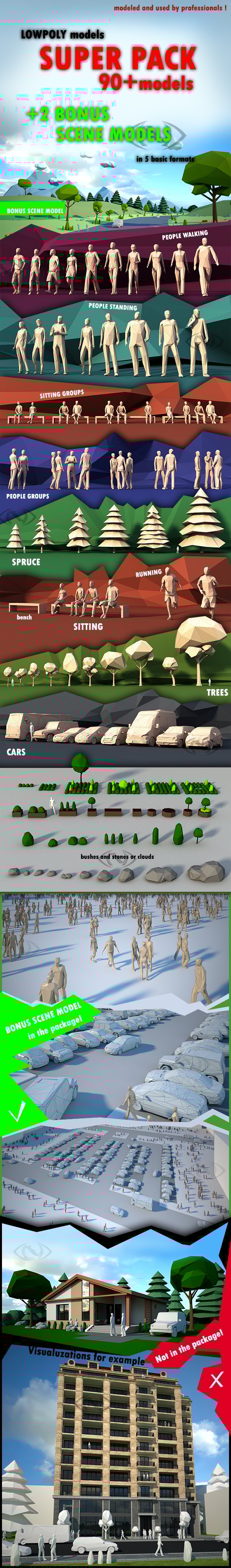 Lowpoly super pack people, trees,cars - 3DOcean Item for Sale
