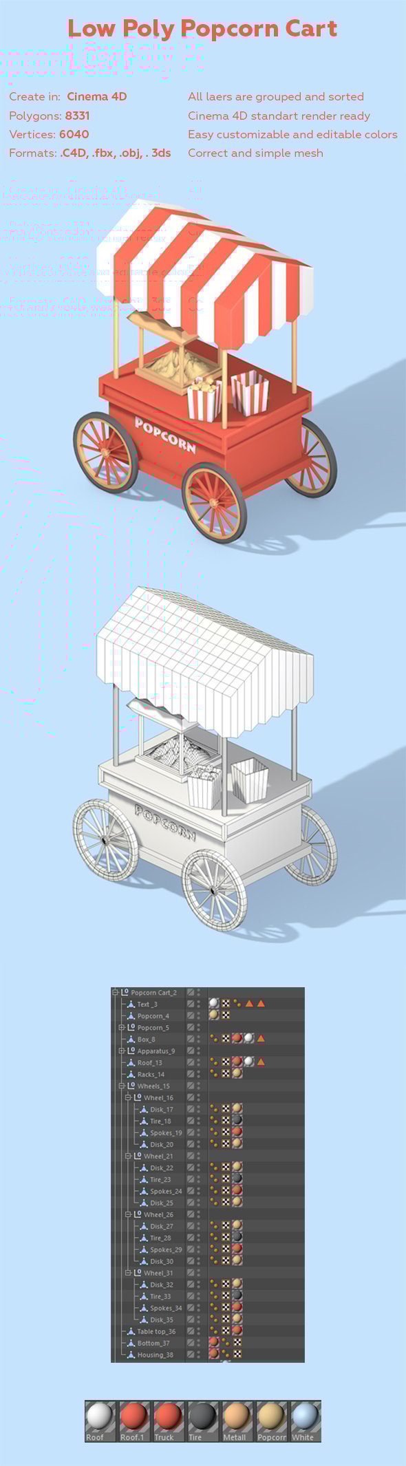 Low Poly Popcorn Cart - 3DOcean Item for Sale