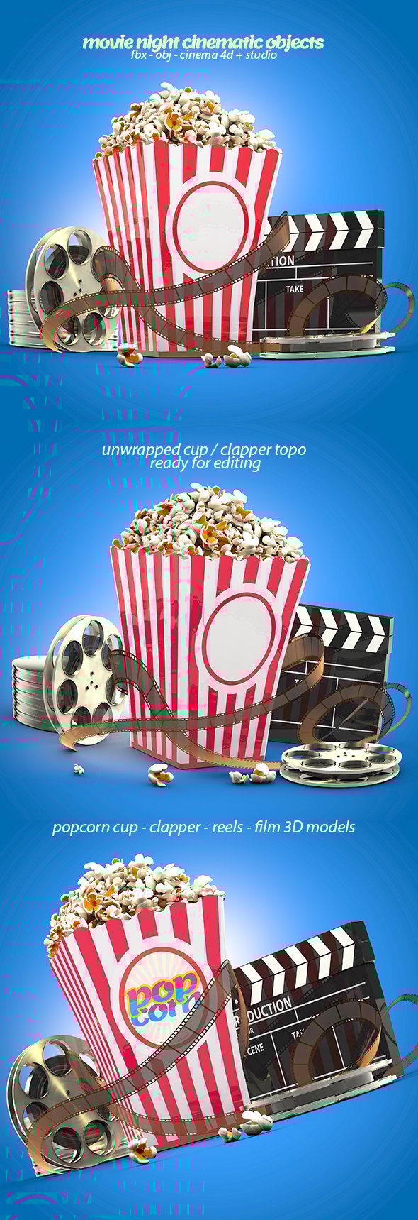 Popcorn & Cinematic Objects 3D Models - 3DOcean Item for Sale