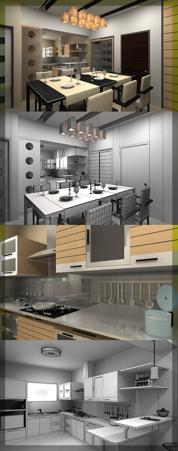 Realistic Kitchen & Dining interior 3D - 3DOcean Item for Sale