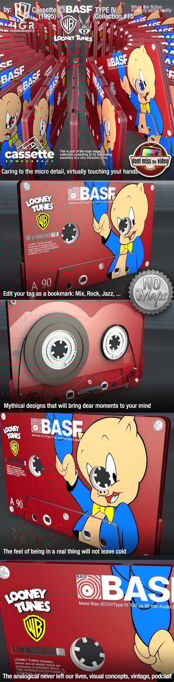 Cassette BASF WB Looney Tunes Porky Pig (1995) collection #15 - 3DOcean Item for Sale