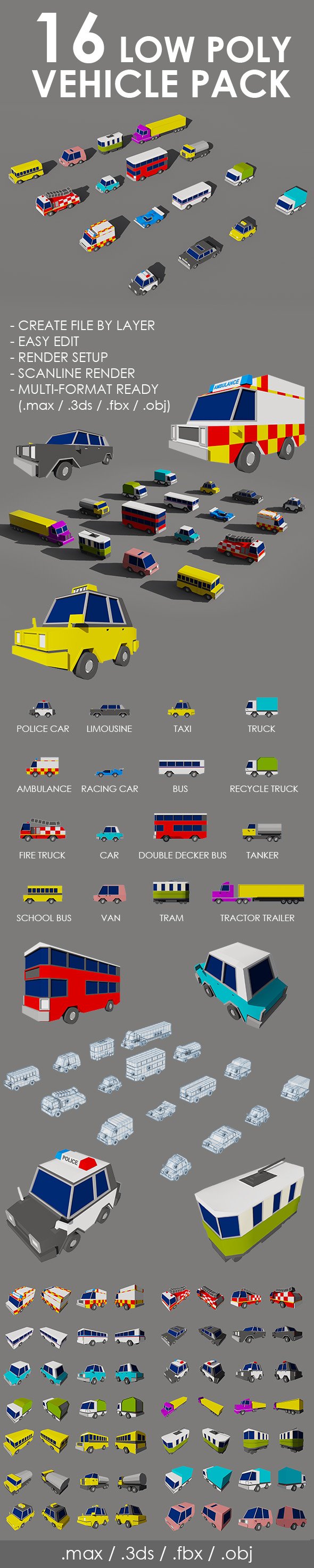 16 Low Poly Vehicle Pack - 3DOcean Item for Sale