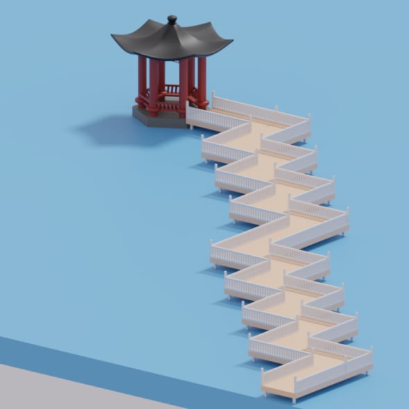 Cartoon Chinese Nine-turn bridge and Pavilion 3D model - 3DOcean Item for Sale