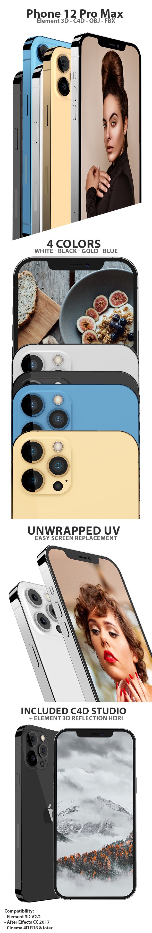 iPhone 12 Pro Max for Element 3D and Cinema 4D - 3DOcean Item for Sale