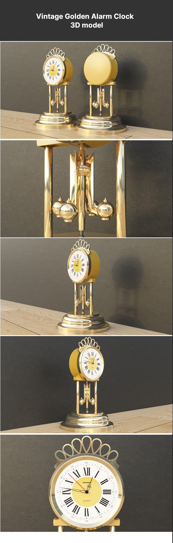 Vintage Golden Alarm Clock - 3D model - 3DOcean Item for Sale