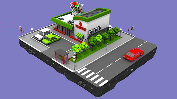 Supermarket Block from Cartoon Low Poly City - 3DOcean Item for Sale