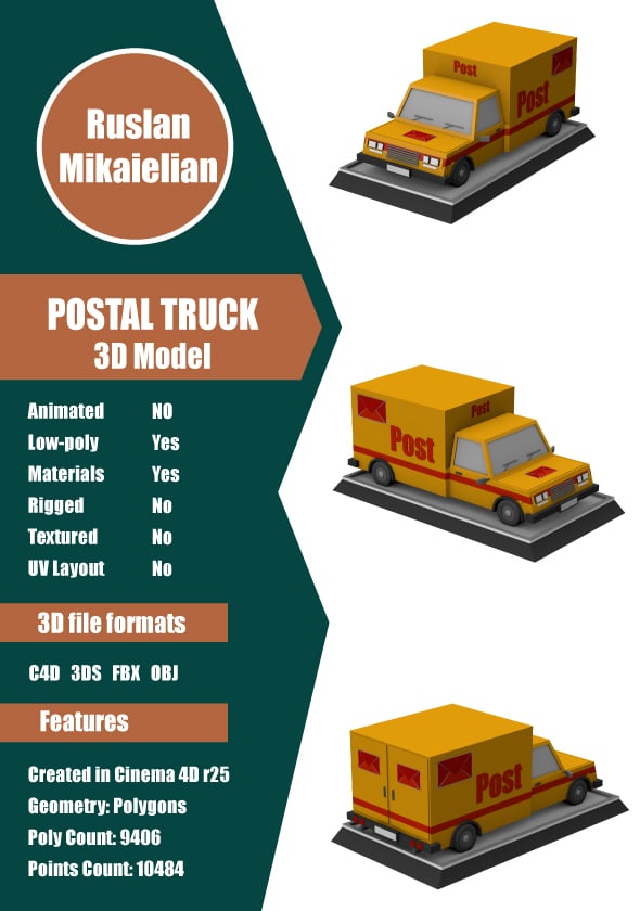 Postal Truck Low Poly - 3DOcean Item for Sale
