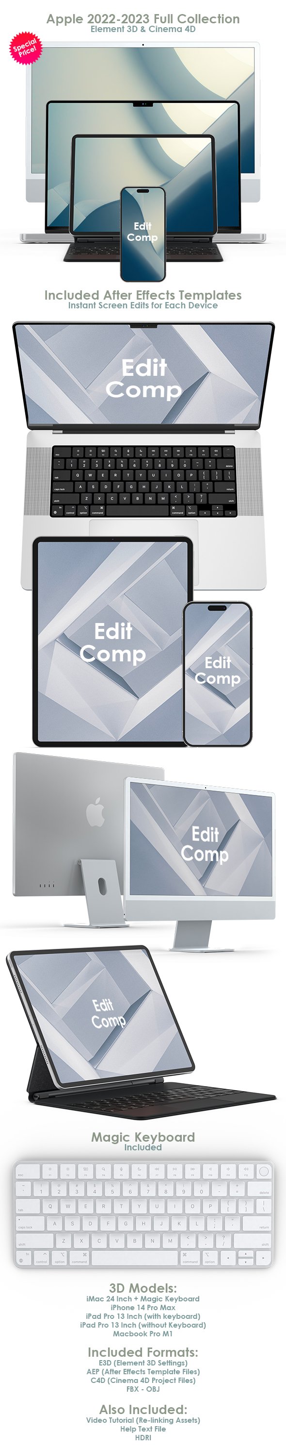 iPhone 14 Pro Max - iPad Pro - Macbook Pro - iMac 24 Inch 3D Model Pack for Element 3D / Cinema 4D - 3DOcean Item for Sale