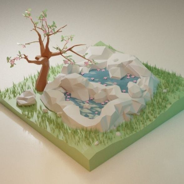 Low Poly Spring Scene Pond 3D Model - 3DOcean Item for Sale