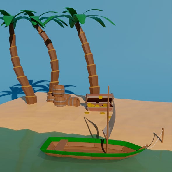 Low Poly Beach boat with treasure and palms - 3DOcean Item for Sale