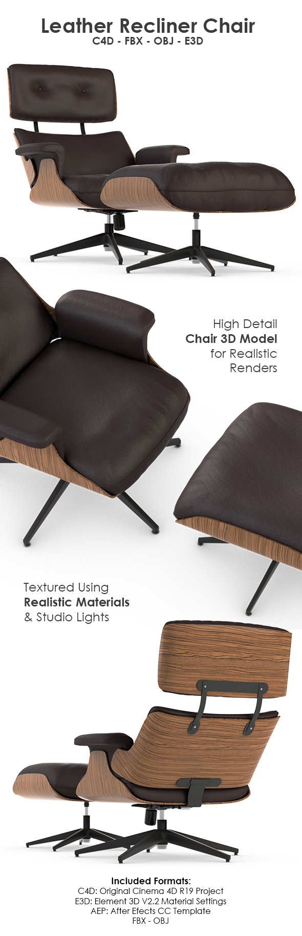 Recliner Leather & Wood Chair 3D Model for Cinema 4D & Element 3D - 3DOcean Item for Sale