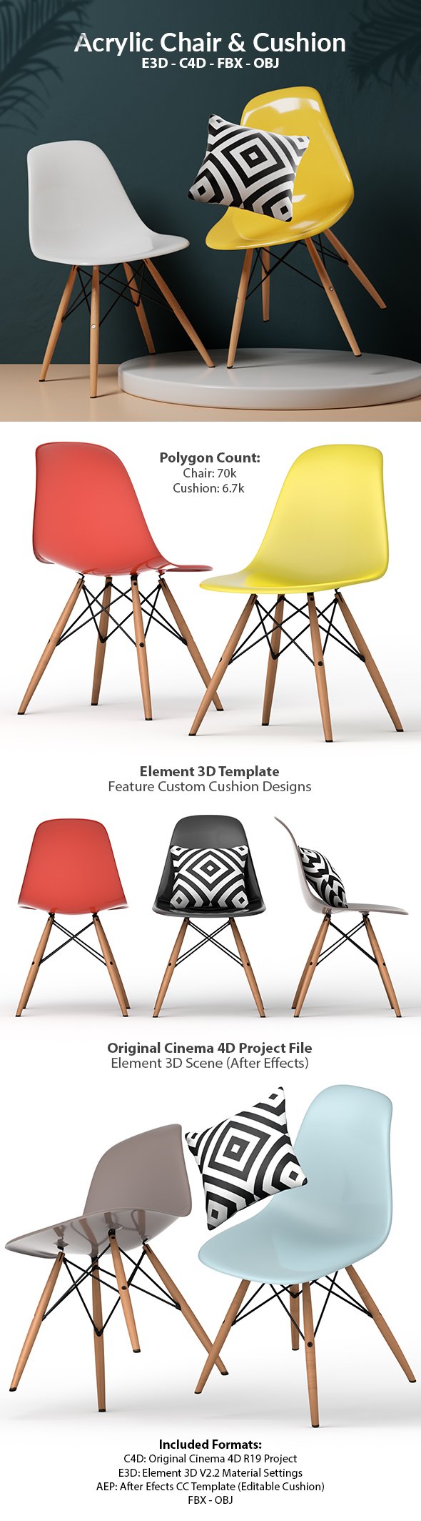 Acrylic Chair & Cushion 3D Model for Element 3D & Cinema 4D - 3DOcean Item for Sale