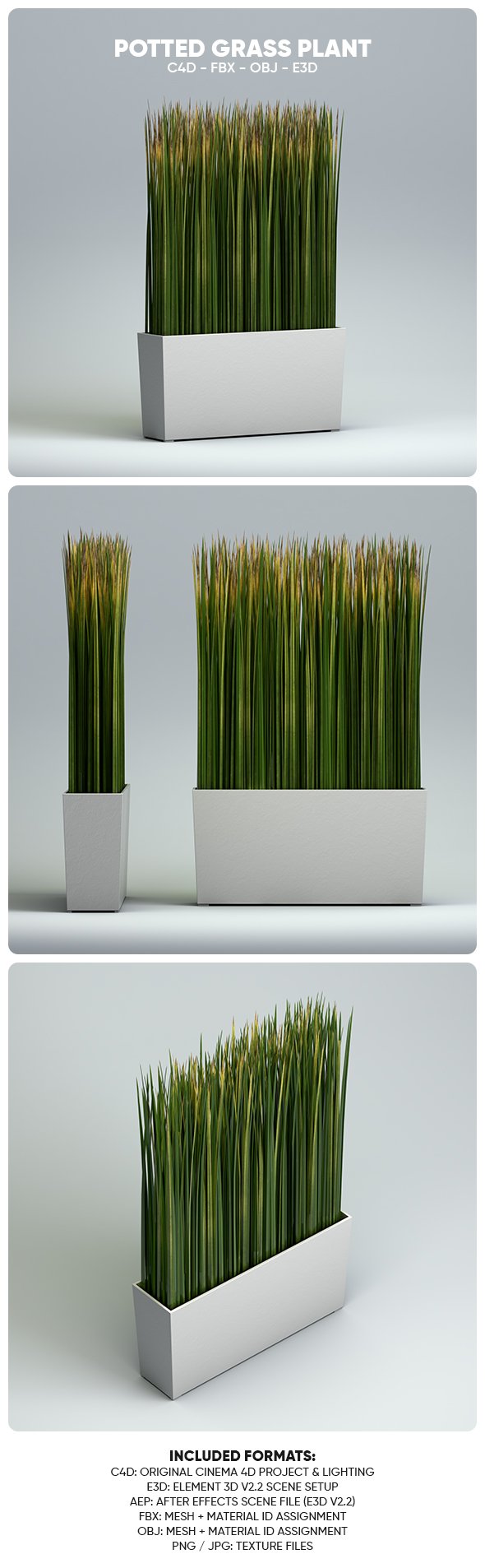 Deco Potted Fejka Grass Plant 3D Model for Element 3D & Cinema 4D - 3DOcean Item for Sale