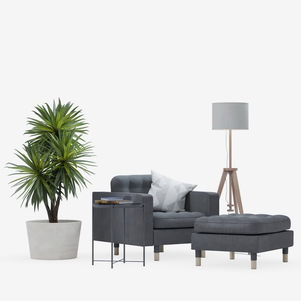 IKEA set with LANDSKRONA armchair and ottoman, GLADOM coffe table, LAUTERS floor lamp, Yucca plant - 3DOcean Item for Sale