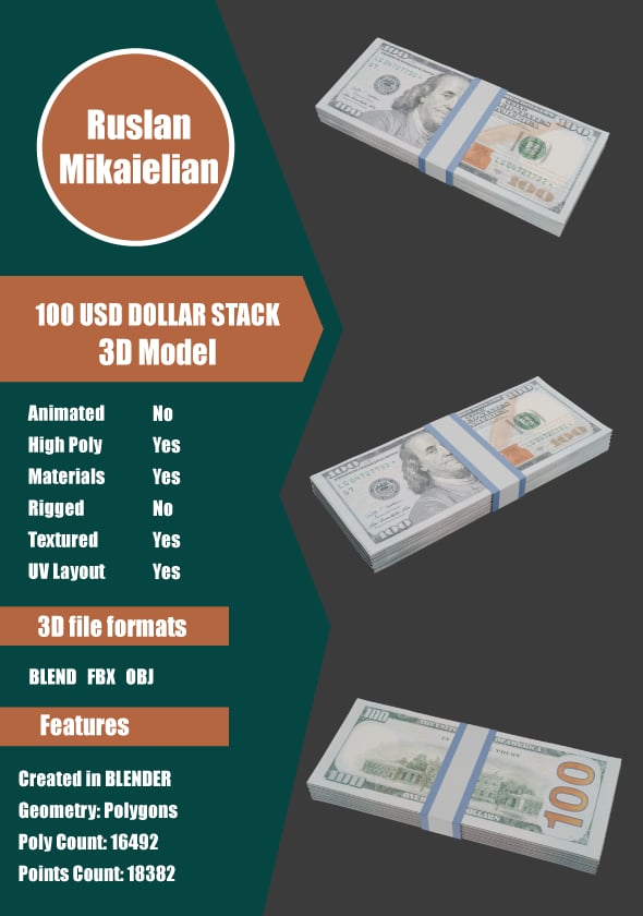 100 USD Dollars Stack - 3DOcean Item for Sale