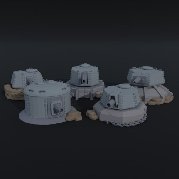 Cartoon Dieselpunk gun turrets Polygonal Style - 3DOcean Item for Sale