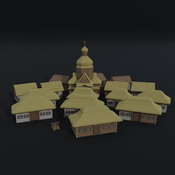 Cartoon medieval Ukraine village Polygonal Style - 3DOcean Item for Sale