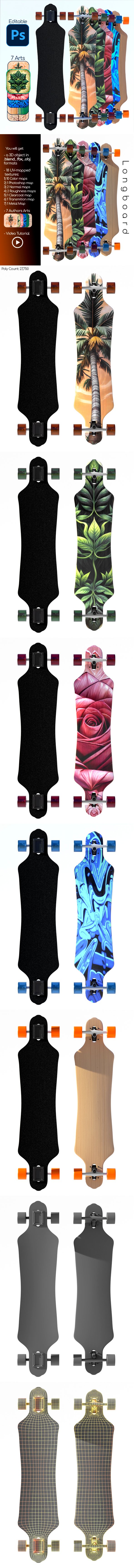 Longboard Photoshop Editable Skateboard 3D Model - 3DOcean Item for Sale