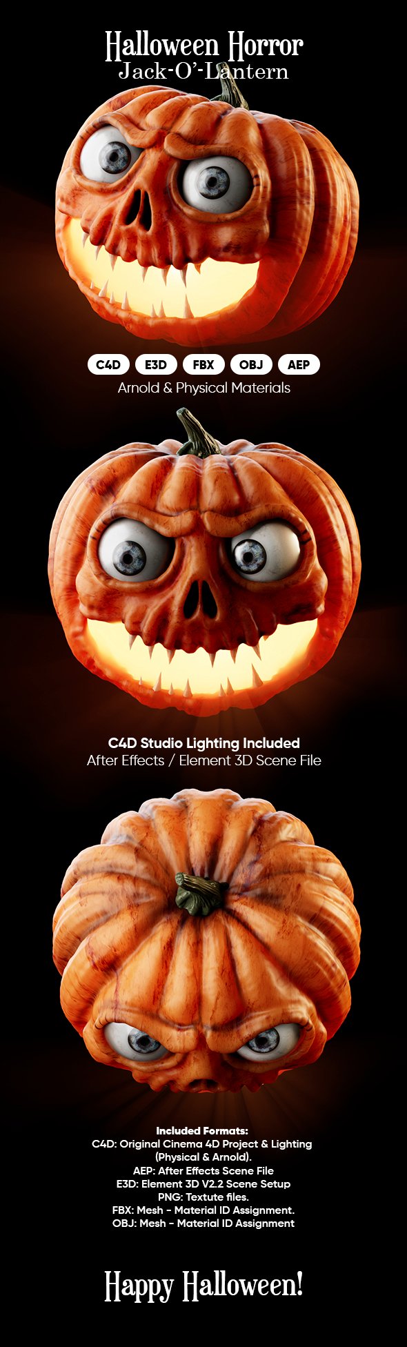 Halloween Horror Jack-O'-Lantern 3D Model for Element 3D & Cinema 4D - 3DOcean Item for Sale