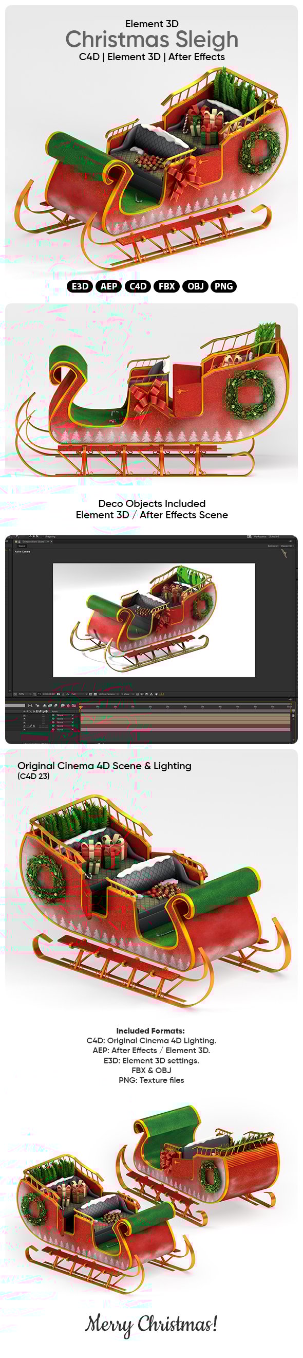 Santa's Christmas Sleigh 3D Model for Element 3D & Cinema 4D - 3DOcean Item for Sale
