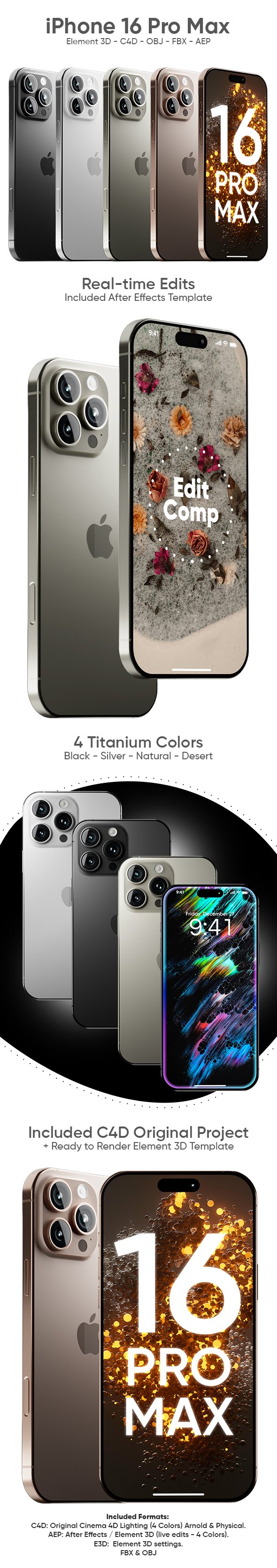 iPhone 16 Pro Max 3D Model for Element 3D & Cinema 4D - 3DOcean Item for Sale