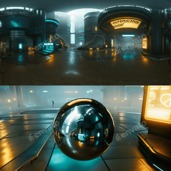 8K HDR Futuristic Cyber Plaza with Neon Lights Background - 3DOcean Item for Sale