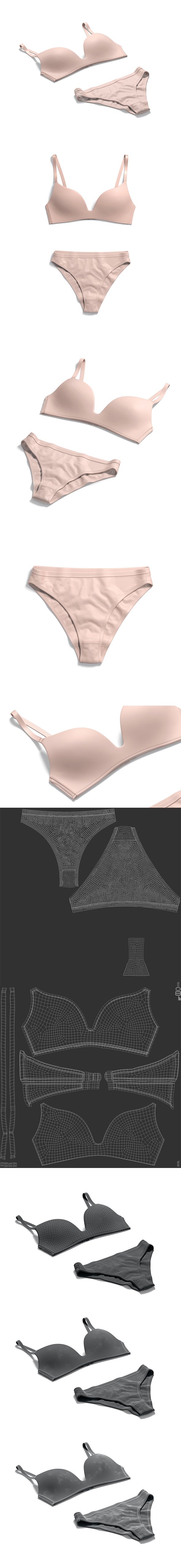 Women's Classic Lingerie Beige Set - Pink Bikini Slip Panty With Bras - 3DOcean Item for Sale