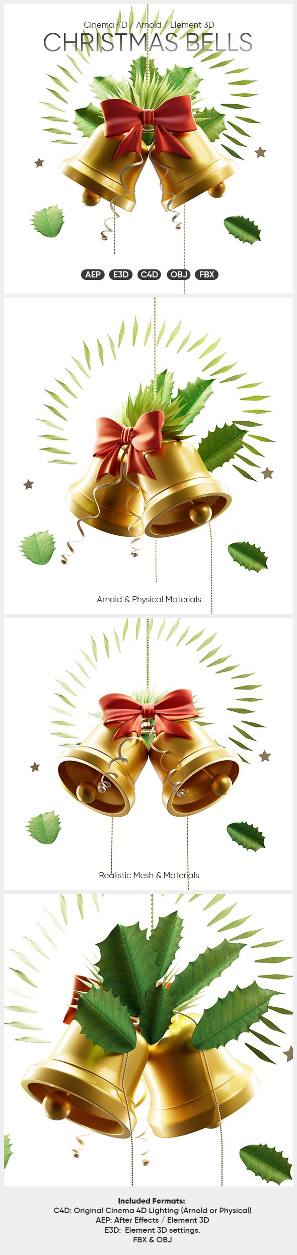 Christmas Bells with Ribbon & Holly Plant Leaves 3D Model - 3DOcean Item for Sale