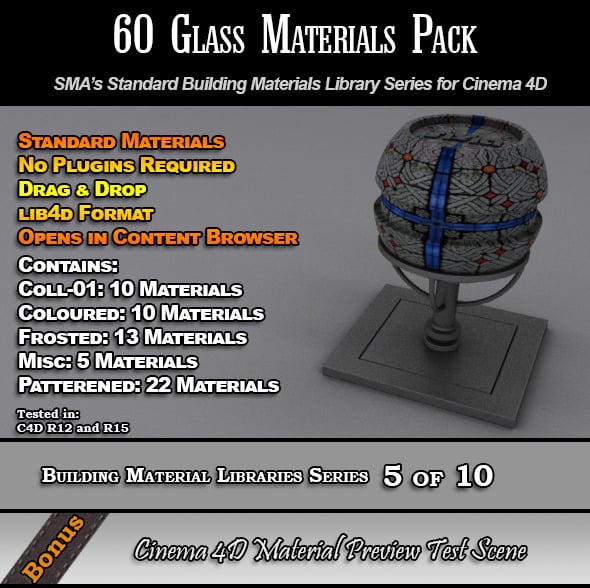 60 Standard Glass Materials Pack for Cinema 4D - 3DOcean Item for Sale