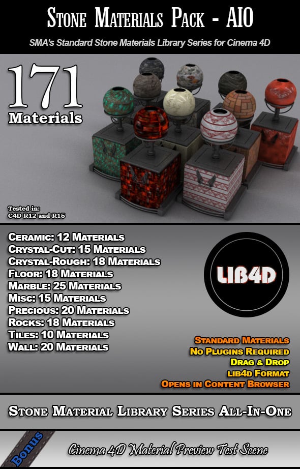 171 Standard Stone Materials Pack AIO for C4D - 3DOcean Item for Sale