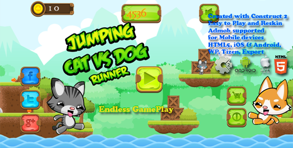 Jumping Cat & Dog Runner -- HTML5 Game, Mobile Vesion+AdMob!!! (Construct-2 CAPX) - CodeCanyon Item for Sale