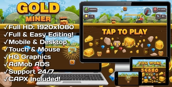 Gold Miner - HTML5 Game 20 Levels + Mobile Version! (Construct 3 | Construct 2 | Capx) - CodeCanyon Item for Sale