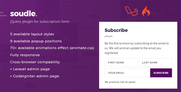 Soudle.js - jQuery Plugin for Subscription Form + Laravel & CodeIgniter Admin Panel - CodeCanyon Item for Sale