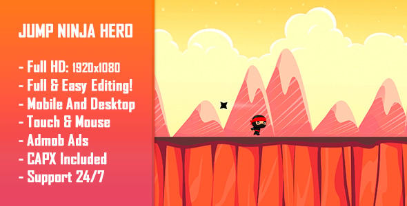 Jump Ninja Hero - HTML5 Game + Mobile Version! (Construct 2 / Construct 3 / CAPX) - CodeCanyon Item for Sale