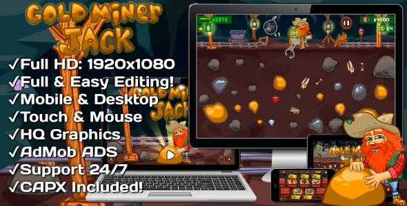 Gold Miner Jack - HTML5 Game 20 Levels + Mobile Version! (Construct 3 | Construct 2 | Capx) - CodeCanyon Item for Sale