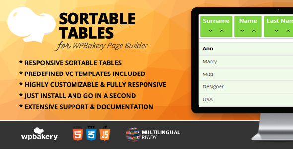 Sortable Tables Addon for WPBakery Page Builder - CodeCanyon Item for Sale