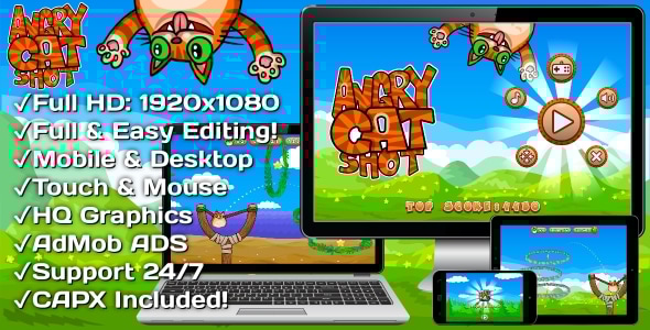 Angry Cat Shot - HTML5 Game 30 Levels + Mobile Version! (Construct 3 | Construct 2 | Capx) - CodeCanyon Item for Sale