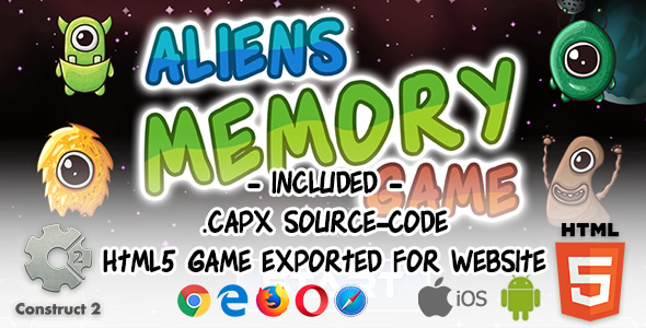 Aliens Memory Game - Construct 2 Source Code and HTML5 Files for Website - CodeCanyon Item for Sale