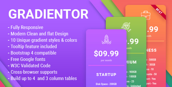 Gradiantor Gradient Responsive Price Tables - CodeCanyon Item for Sale