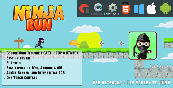 Ninja Run Adventure - 21 levels - HTML5 Game - Web & Mobile + AdMob (CAPX, C3p and HTML5) - CodeCanyon Item for Sale
