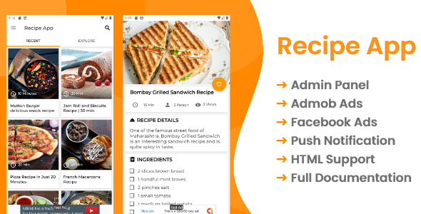 Recipe App with Admin panel and Admob ads , Facebook ads - CodeCanyon Item for Sale