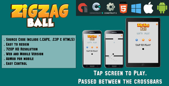 ZigZag Ball - HTML5 Game - Web & Mobile + AdMob (CAPX, C3p and HTML5) - CodeCanyon Item for Sale