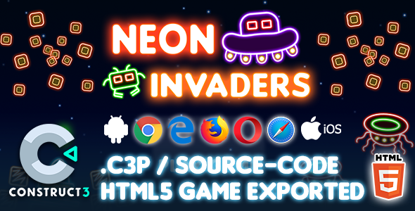 Neon Invaders HTML5 Game - Construct 3 Source-code - CodeCanyon Item for Sale