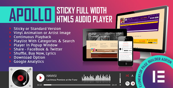 Apollo - Sticky Full Width HTML5 Audio Player - Elementor Widget Addon - CodeCanyon Item for Sale